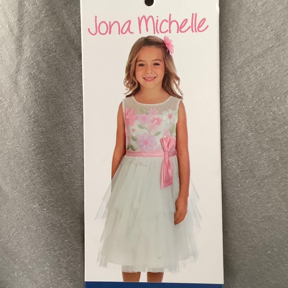 Jona Michelle White Tulle Dress with Pink Floral Appliqué and Pink Sash